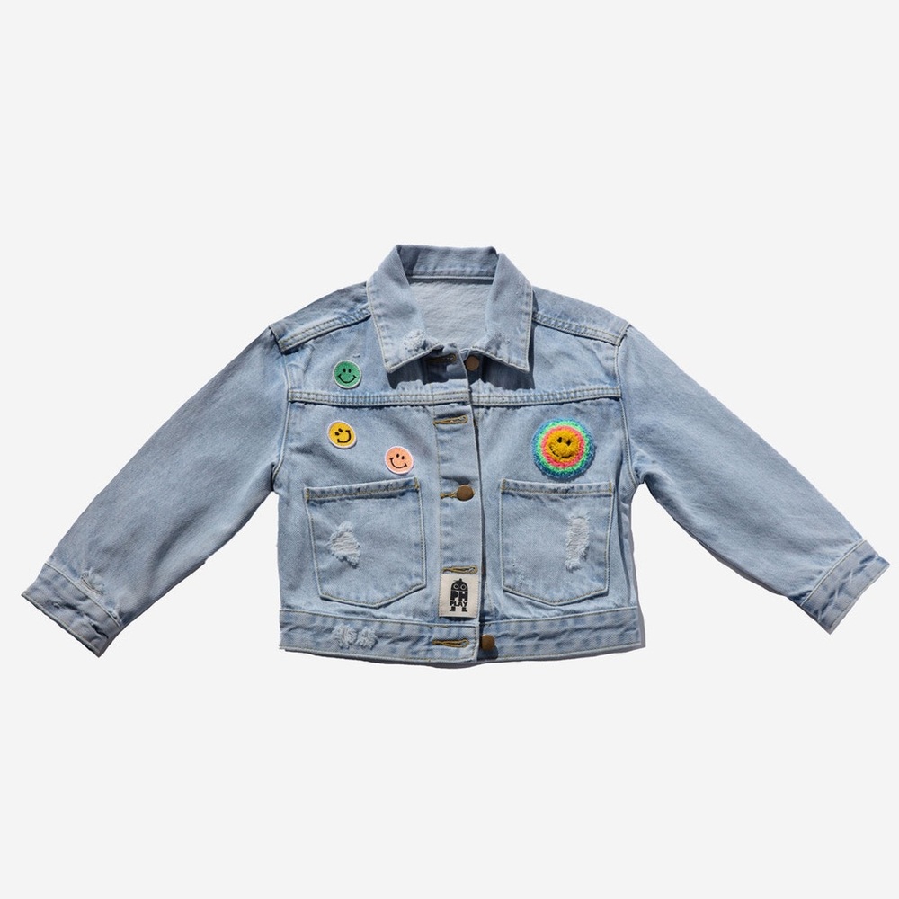 Petite Hailey Light Wash Kids Denim Jacket with Patches